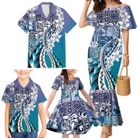 Aloha Vintage Plumeria Hawaiian Tapa Pattern Family Matching Mermaid Dress and Hawaiian Shirt Blue Hawaiian Tapa Pattern - Polynesian Pride
