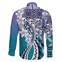 Aloha Vintage Plumeria Hawaiian Tapa Pattern Family Matching Off Shoulder Maxi Dress and Hawaiian Shirt Blue Hawaiian Tapa Pattern - Polynesian Pride