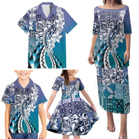 Aloha Vintage Plumeria Hawaiian Tapa Pattern Family Matching Puletasi and Hawaiian Shirt Blue Hawaiian Tapa Pattern - Polynesian Pride