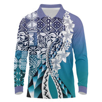 Aloha Vintage Plumeria Hawaiian Tapa Pattern Long Sleeve Polo Shirt Blue Hawaiian Tapa Pattern - Polynesian Pride
