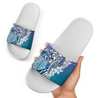 Aloha Vintage Plumeria Hawaiian Tapa Pattern Slide Sandals Blue Hawaiian Tapa Pattern LT9 - Polynesian Pride