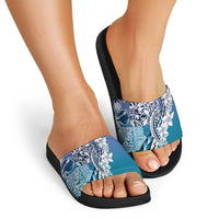Aloha Vintage Plumeria Hawaiian Tapa Pattern Slide Sandals Blue Hawaiian Tapa Pattern LT9 - Polynesian Pride