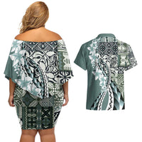 Aloha Vintage Plumeria Hawaiian Tapa Pattern Couples Matching Off Shoulder Short Dress and Hawaiian Shirt Dark Turquoise Hawaiian Tapa Pattern - Polynesian Pride
