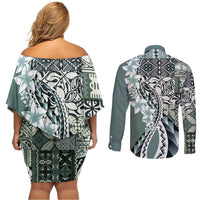 Aloha Vintage Plumeria Hawaiian Tapa Pattern Couples Matching Off Shoulder Short Dress and Long Sleeve Button Shirt Dark Turquoise Hawaiian Tapa Pattern - Polynesian Pride