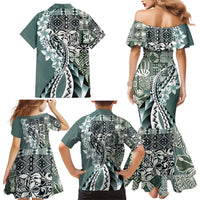 Aloha Vintage Plumeria Hawaiian Tapa Pattern Family Matching Mermaid Dress and Hawaiian Shirt Dark Turquoise Hawaiian Tapa Pattern - Polynesian Pride