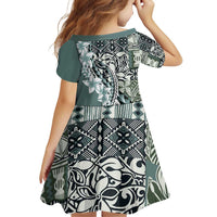 Aloha Vintage Plumeria Hawaiian Tapa Pattern Family Matching Off Shoulder Short Dress and Hawaiian Shirt Dark Turquoise Hawaiian Tapa Pattern - Polynesian Pride