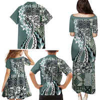 Aloha Vintage Plumeria Hawaiian Tapa Pattern Family Matching Puletasi and Hawaiian Shirt Dark Turquoise Hawaiian Tapa Pattern - Polynesian Pride