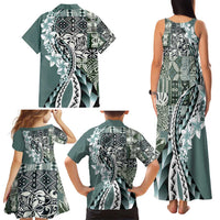 Aloha Vintage Plumeria Hawaiian Tapa Pattern Family Matching Tank Maxi Dress and Hawaiian Shirt Dark Turquoise Hawaiian Tapa Pattern - Polynesian Pride