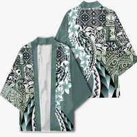 Aloha Vintage Plumeria Hawaiian Tapa Pattern Kimono Dark Turquoise Hawaiian Tapa Pattern - Polynesian Pride
