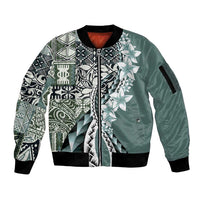 Aloha Vintage Plumeria Hawaiian Tapa Pattern Sleeve Zip Bomber Jacket Dark Turquoise Hawaiian Tapa Pattern - Polynesian Pride