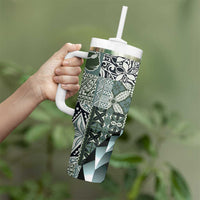 Aloha Vintage Plumeria Hawaiian Tapa Pattern Tumbler With Handle Dark Turquoise Hawaiian Tapa Pattern - Polynesian Pride