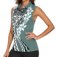 Aloha Vintage Plumeria Hawaiian Tapa Pattern Women Sleeveless Polo Shirt Dark Turquoise Hawaiian Tapa Pattern - Polynesian Pride
