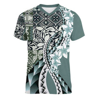 Aloha Vintage Plumeria Hawaiian Tapa Pattern Women V-Neck T-Shirt Dark Turquoise Hawaiian Tapa Pattern - Polynesian Pride