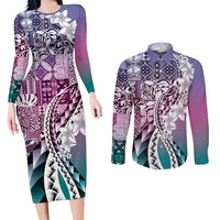 Aloha Vintage Plumeria Hawaiian Tapa Pattern Couples Matching Long Sleeve Bodycon Dress and Long Sleeve Button Shirt Gradient Hawaiian Tapa Pattern - Polynesian Pride