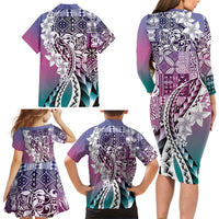 Aloha Vintage Plumeria Hawaiian Tapa Pattern Family Matching Long Sleeve Bodycon Dress and Hawaiian Shirt Gradient Hawaiian Tapa Pattern - Polynesian Pride