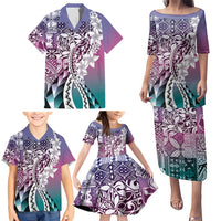 Aloha Vintage Plumeria Hawaiian Tapa Pattern Family Matching Puletasi and Hawaiian Shirt Gradient Hawaiian Tapa Pattern - Polynesian Pride