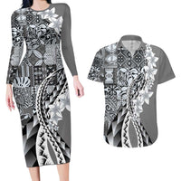 Aloha Vintage Plumeria Hawaiian Tapa Pattern Couples Matching Long Sleeve Bodycon Dress and Hawaiian Shirt Gray Hawaiian Tapa Pattern - Polynesian Pride