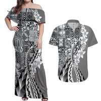 Aloha Vintage Plumeria Hawaiian Tapa Pattern Couples Matching Off Shoulder Maxi Dress and Hawaiian Shirt Gray Hawaiian Tapa Pattern - Polynesian Pride