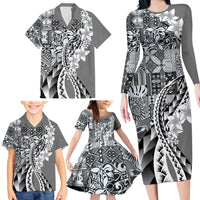 Aloha Vintage Plumeria Hawaiian Tapa Pattern Family Matching Long Sleeve Bodycon Dress and Hawaiian Shirt Gray Hawaiian Tapa Pattern - Polynesian Pride