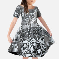 Aloha Vintage Plumeria Hawaiian Tapa Pattern Family Matching Off The Shoulder Long Sleeve Dress and Hawaiian Shirt Gray Hawaiian Tapa Pattern - Polynesian Pride