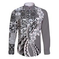 Aloha Vintage Plumeria Hawaiian Tapa Pattern Family Matching Off The Shoulder Long Sleeve Dress and Hawaiian Shirt Gray Hawaiian Tapa Pattern - Polynesian Pride
