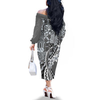 Aloha Vintage Plumeria Hawaiian Tapa Pattern Family Matching Off The Shoulder Long Sleeve Dress and Hawaiian Shirt Gray Hawaiian Tapa Pattern - Polynesian Pride