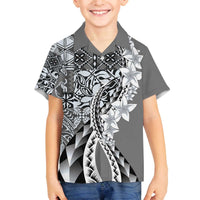 Aloha Vintage Plumeria Hawaiian Tapa Pattern Family Matching Off The Shoulder Long Sleeve Dress and Hawaiian Shirt Gray Hawaiian Tapa Pattern - Polynesian Pride