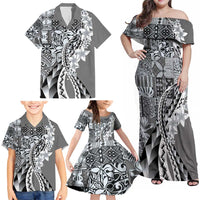 Aloha Vintage Plumeria Hawaiian Tapa Pattern Family Matching Off Shoulder Maxi Dress and Hawaiian Shirt Gray Hawaiian Tapa Pattern - Polynesian Pride
