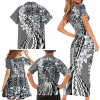Aloha Vintage Plumeria Hawaiian Tapa Pattern Family Matching Short Sleeve Bodycon Dress and Hawaiian Shirt Gray Hawaiian Tapa Pattern - Polynesian Pride