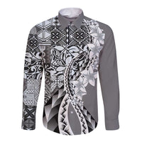 Aloha Vintage Plumeria Hawaiian Tapa Pattern Long Sleeve Button Shirt Gray Hawaiian Tapa Pattern - Polynesian Pride