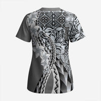 Aloha Vintage Plumeria Hawaiian Tapa Pattern Scrub Top Gray Hawaiian Tapa Pattern LT9 - Polynesian Pride