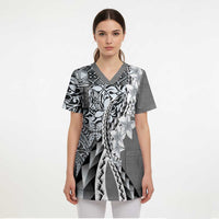 Aloha Vintage Plumeria Hawaiian Tapa Pattern Scrub Top Gray Hawaiian Tapa Pattern LT9 - Polynesian Pride