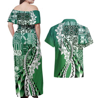 Aloha Vintage Plumeria Hawaiian Tapa Pattern Couples Matching Off Shoulder Maxi Dress and Hawaiian Shirt Green Hawaiian Tapa Pattern - Polynesian Pride