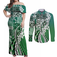 Aloha Vintage Plumeria Hawaiian Tapa Pattern Couples Matching Off Shoulder Maxi Dress and Long Sleeve Button Shirt Green Hawaiian Tapa Pattern - Polynesian Pride