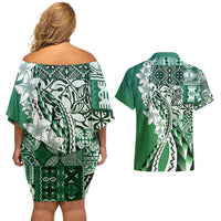 Aloha Vintage Plumeria Hawaiian Tapa Pattern Couples Matching Off Shoulder Short Dress and Hawaiian Shirt Green Hawaiian Tapa Pattern - Polynesian Pride