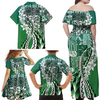 Aloha Vintage Plumeria Hawaiian Tapa Pattern Family Matching Off Shoulder Maxi Dress and Hawaiian Shirt Green Hawaiian Tapa Pattern - Polynesian Pride
