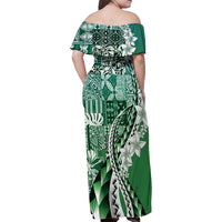 Aloha Vintage Plumeria Hawaiian Tapa Pattern Family Matching Off Shoulder Maxi Dress and Hawaiian Shirt Green Hawaiian Tapa Pattern - Polynesian Pride
