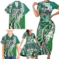 Aloha Vintage Plumeria Hawaiian Tapa Pattern Family Matching Short Sleeve Bodycon Dress and Hawaiian Shirt Green Hawaiian Tapa Pattern - Polynesian Pride