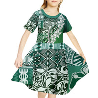 Aloha Vintage Plumeria Hawaiian Tapa Pattern Kid Short Sleeve Dress Green Hawaiian Tapa Pattern LT9 - Polynesian Pride