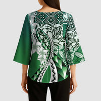 Aloha Vintage Plumeria Hawaiian Tapa Pattern Kimono Sleeve Blouse Green Hawaiian Tapa Pattern - Polynesian Pride