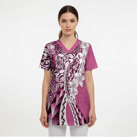 Aloha Vintage Plumeria Hawaiian Tapa Pattern Scrub Top Pink Hawaiian Tapa Pattern LT9 - Polynesian Pride