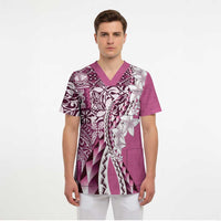 Aloha Vintage Plumeria Hawaiian Tapa Pattern Scrub Top Pink Hawaiian Tapa Pattern LT9 - Polynesian Pride