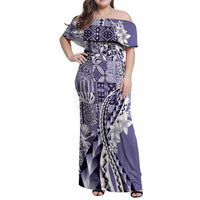 Aloha Vintage Plumeria Hawaiian Tapa Pattern Family Matching Off Shoulder Maxi Dress and Hawaiian Shirt Purple Hawaiian Tapa Pattern - Polynesian Pride