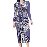 Aloha Vintage Plumeria Hawaiian Tapa Pattern Long Sleeve Bodycon Dress Purple Hawaiian Tapa Pattern - Polynesian Pride