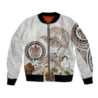 Polynesian Manta Ray Bomber Jacket Beige Floral Turtle Tattoo - Polynesian Pride