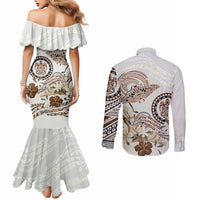 Polynesian Manta Ray Couples Matching Mermaid Dress and Long Sleeve Button Shirt Beige Floral Turtle Tattoo - Polynesian Pride