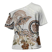 Polynesian Manta Ray Cross Shoulder Shirt Beige Floral Turtle Tattoo - Polynesian Pride