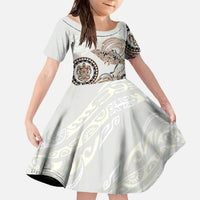 Polynesian Manta Ray Family Matching Off The Shoulder Long Sleeve Dress and Hawaiian Shirt Beige Floral Turtle Tattoo - Polynesian Pride
