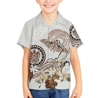 Polynesian Manta Ray Kid Hawaiian Shirt Beige Floral Turtle Tattoo LT9 Kid Beige - Polynesian Pride