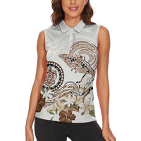 Polynesian Manta Ray Women Sleeveless Polo Shirt Beige Floral Turtle Tattoo - Polynesian Pride